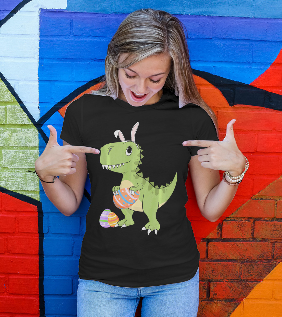 Easter Dinosaur Kids T-Rex With Bunny Ears Holding Colorful Eggs T-Shirt