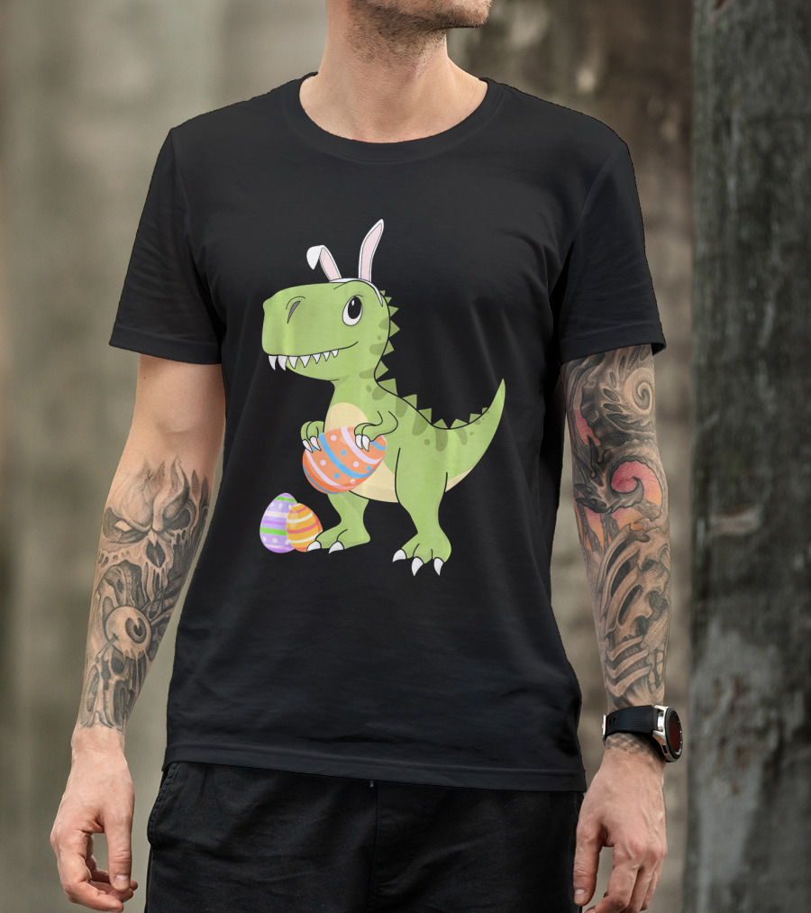 Easter Dinosaur Kids T-Rex With Bunny Ears Holding Colorful Eggs T-Shirt