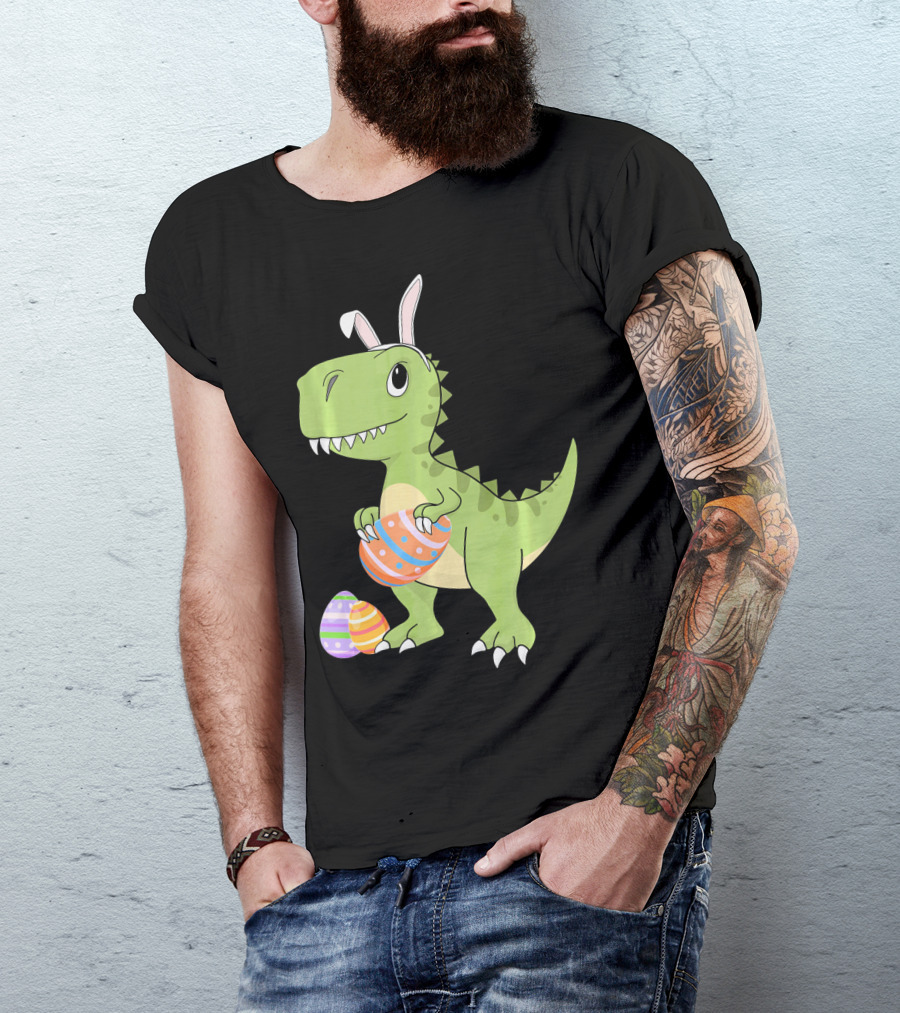 Easter Dinosaur Kids T-Rex With Bunny Ears Holding Colorful Eggs T-Shirt