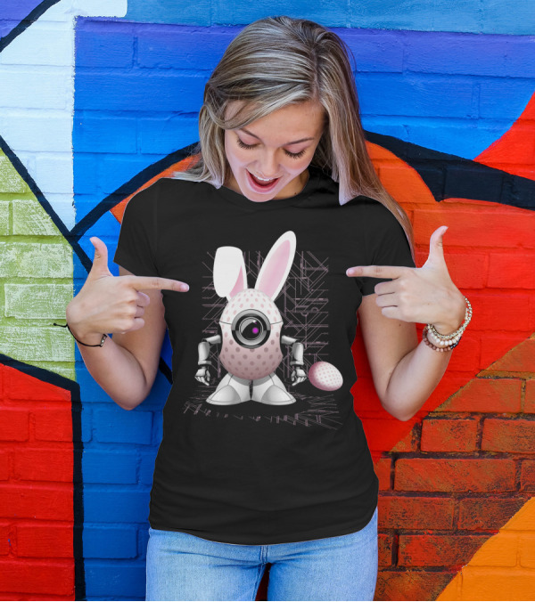 Happy Easter Bunny Robot Egg With Camera Eye And Circuit Background T-Shirt