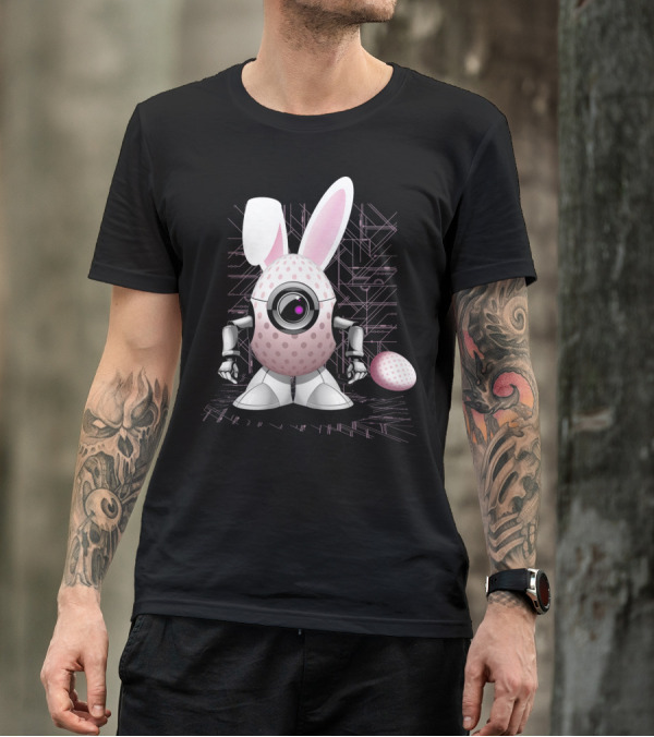 Happy Easter Bunny Robot Egg With Camera Eye And Circuit Background T-Shirt