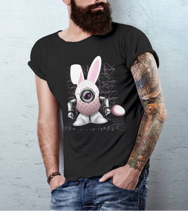 Happy Easter Bunny Robot Egg With Camera Eye And Circuit Background T-Shirt