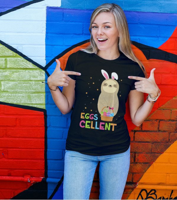 Sloth In Bunny Ears Holding Easter Eggs Cellent Basket T-Shirt