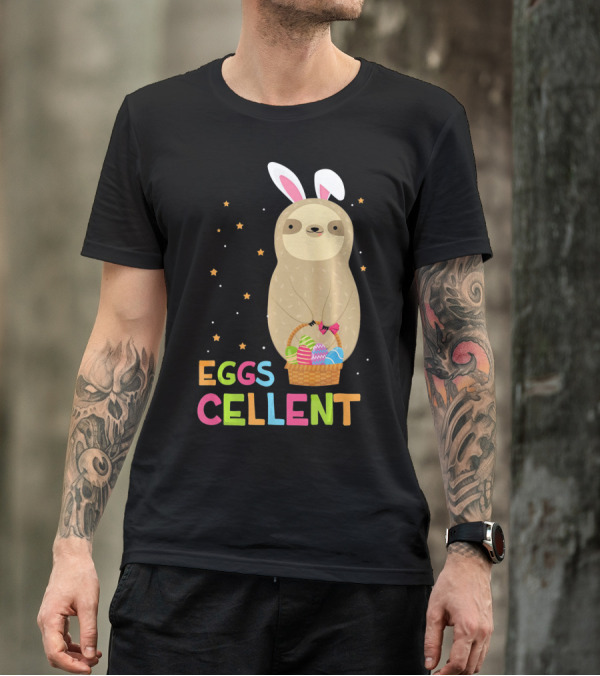 Sloth In Bunny Ears Holding Easter Eggs Cellent Basket T-Shirt