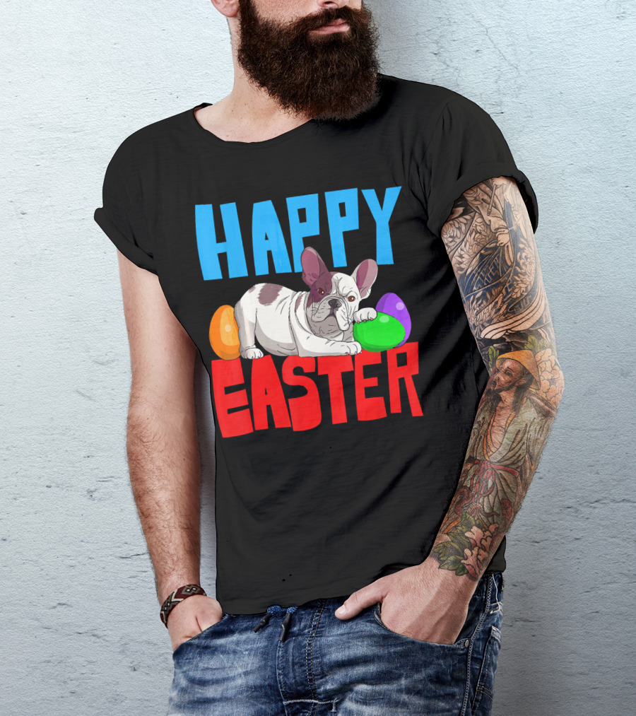 Happy Easter French Bulldog With Colorful Eggs T-Shirt