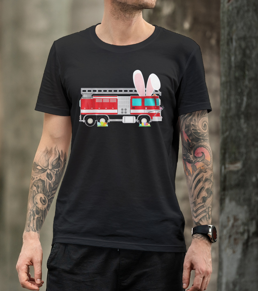Easter Bunny Ear Fire Truck With Eggs And Carrots T-Shirt