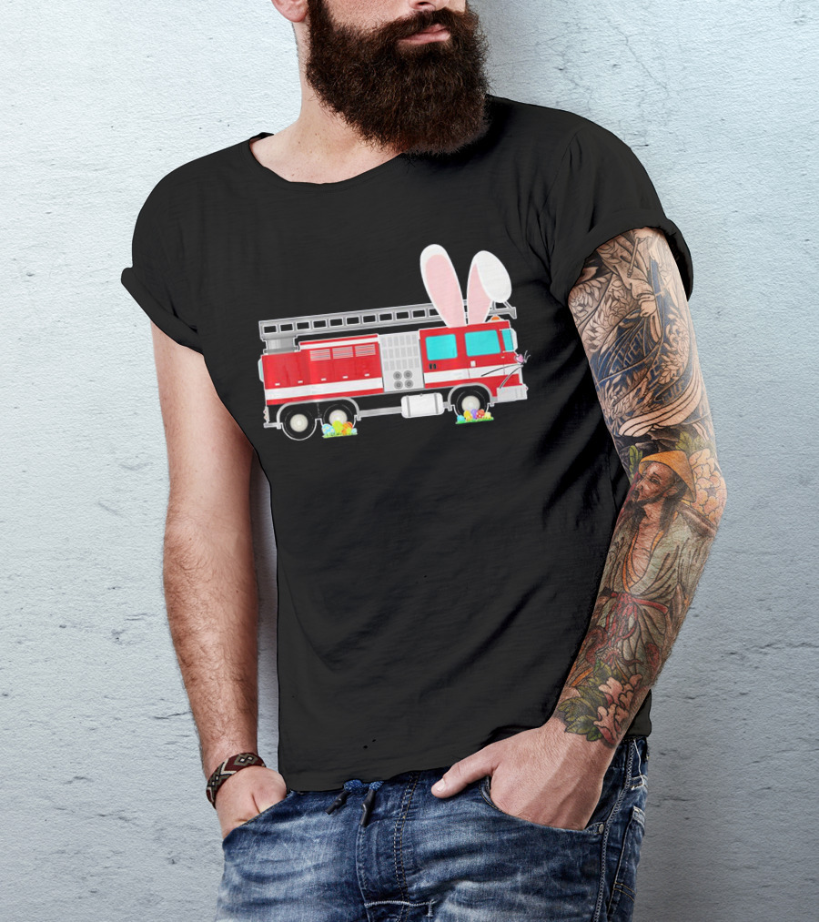 Easter Bunny Ear Fire Truck With Eggs And Carrots T-Shirt