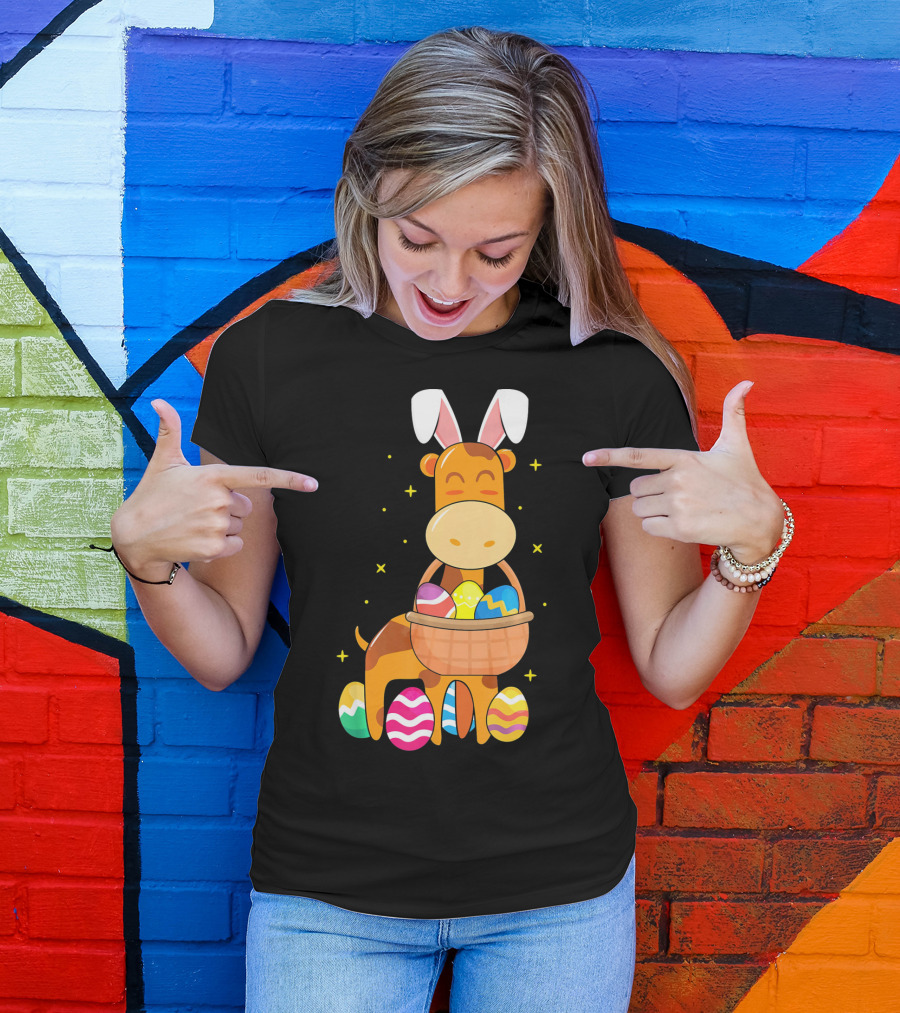 Giraffe Easter Egg Bunny Holding Basket Of Colorful Eggs And Wearing Bunny Ears T-Shirt