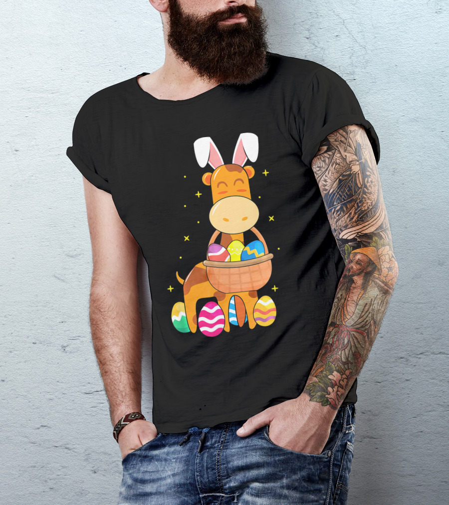 Giraffe Easter Egg Bunny Holding Basket Of Colorful Eggs And Wearing Bunny Ears T-Shirt
