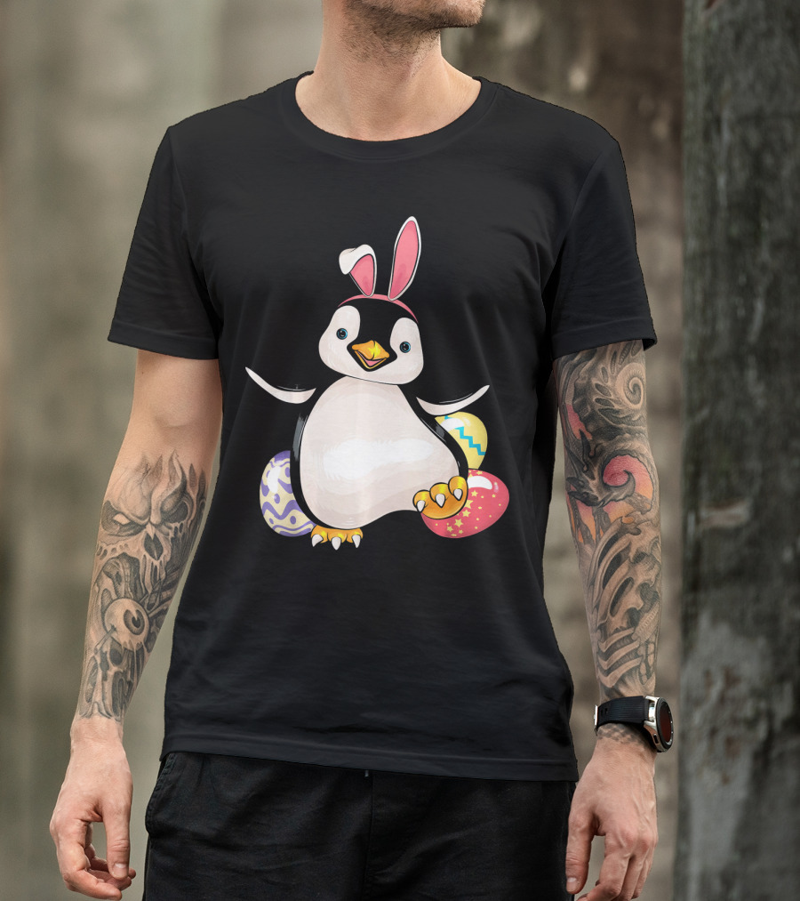 Penguin Bunny Easter With Colorful Eggs T-Shirt