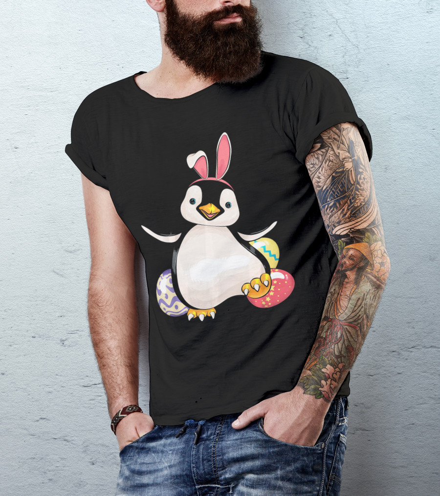 Penguin Bunny Easter With Colorful Eggs T-Shirt