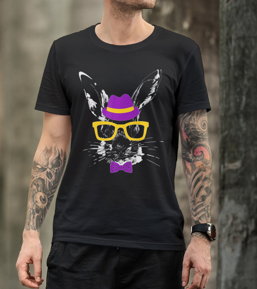 Easter Rabbit Watercolor Artwork Easter Bunny With Hat Glasses And Bow Tie T-Shirt