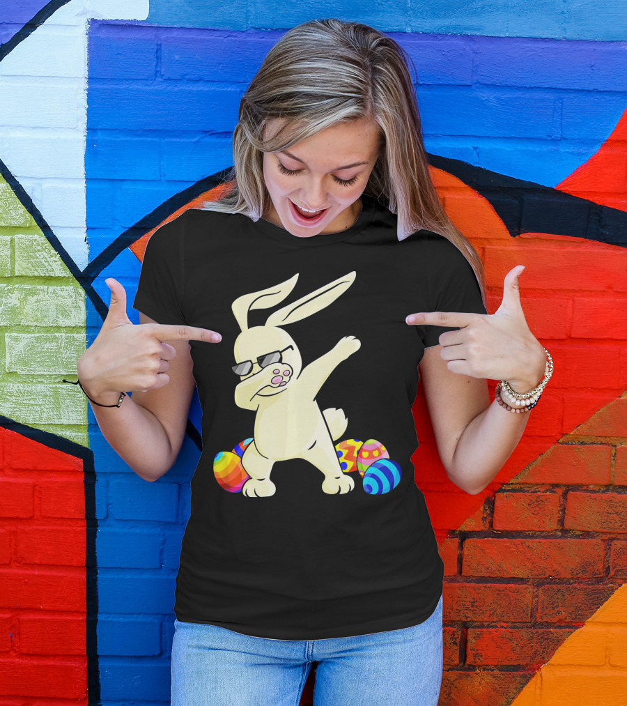 Dabbing Easter Bunny With Sunglasses And Colorful Eggs T-Shirt