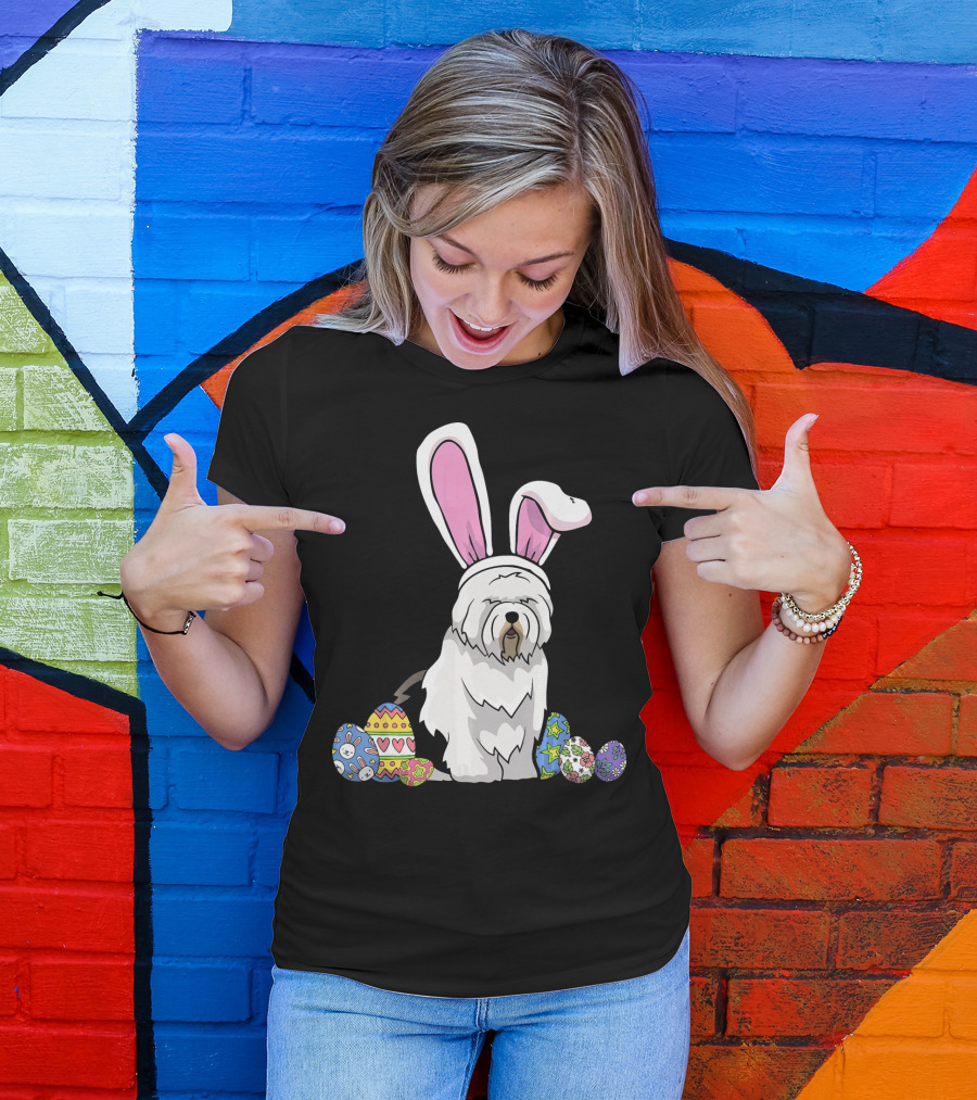 Old English Sheepdog Dressed As Easter Bunny With Colorful Eggs T-Shirt
