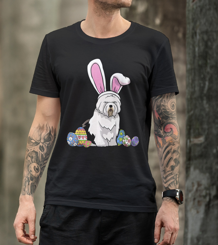 Old English Sheepdog Dressed As Easter Bunny With Colorful Eggs T-Shirt