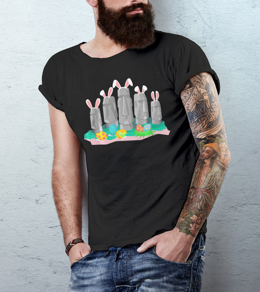 Easter Island Statues With Bunny Ears And Easter Eggs Holiday Humor T-Shirt