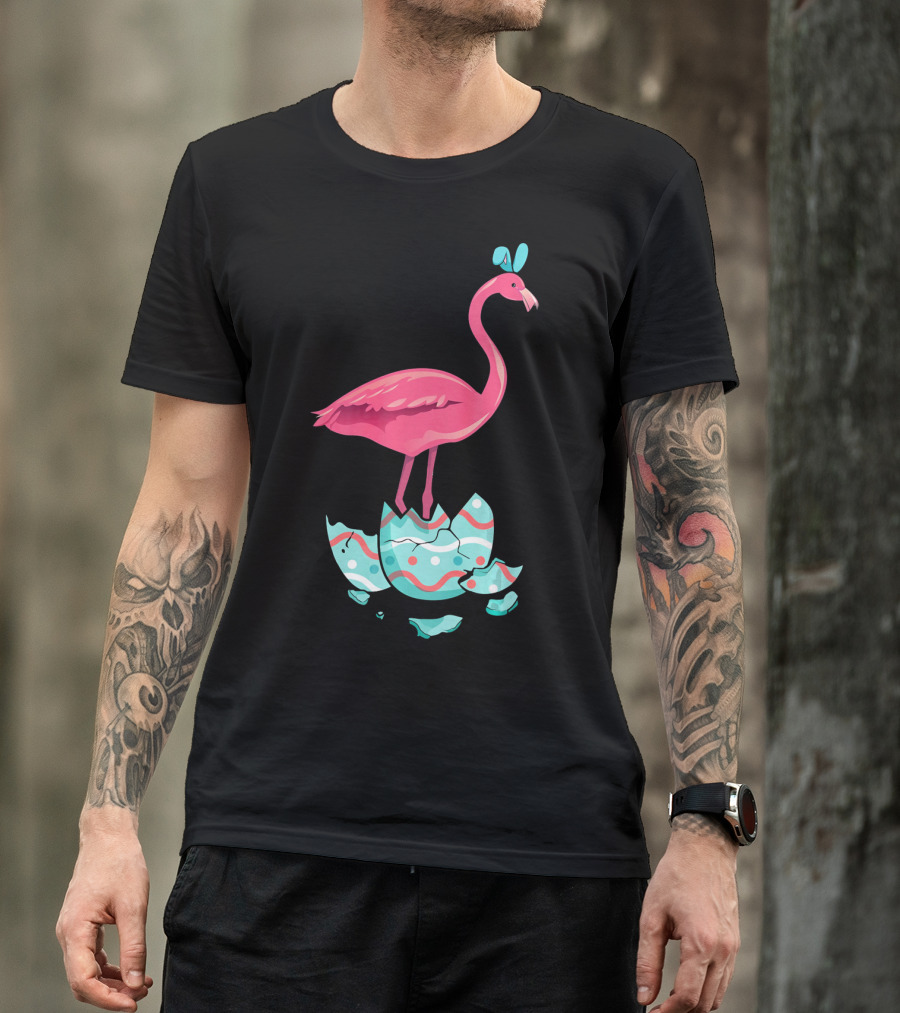 Funny Pink Flamingo On Easter Egg Bun With Bow T-Shirt