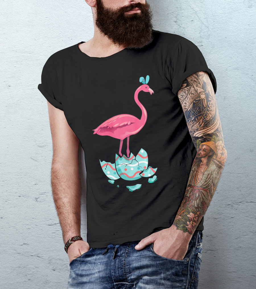 Funny Pink Flamingo On Easter Egg Bun With Bow T-Shirt