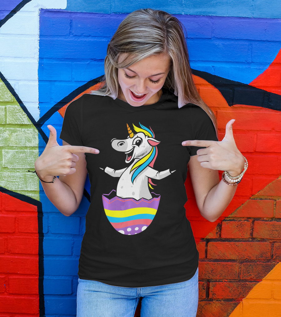 Easter Unicorn In Colorful Striped Egg T-Shirt