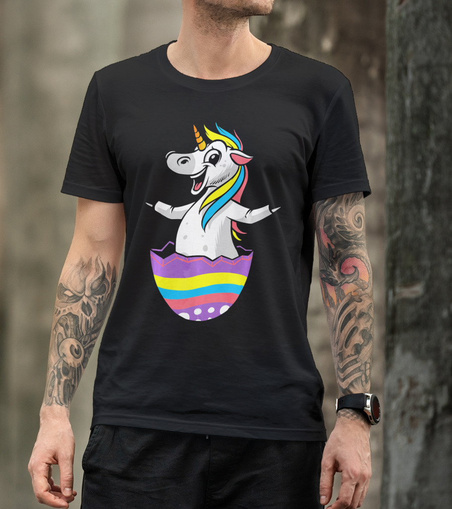 Easter Unicorn In Colorful Striped Egg T-Shirt