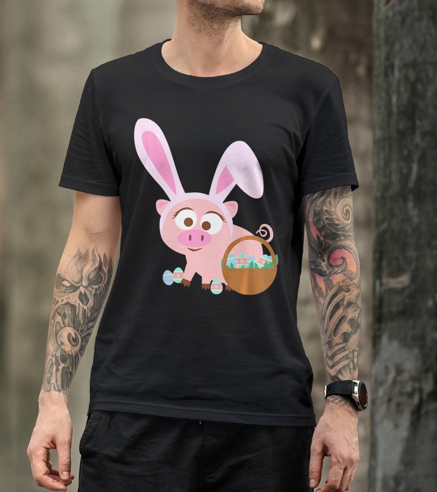 Happy Pig Bunny Ears Easter Eggs Basket T-Shirt