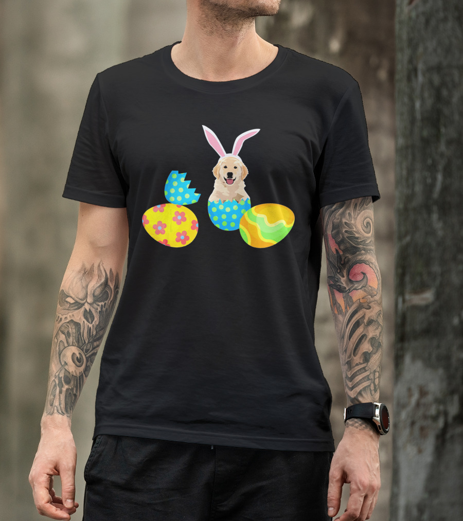 Labrador In Easter Eggs With Bunny Ears And Colorful T-Shirt