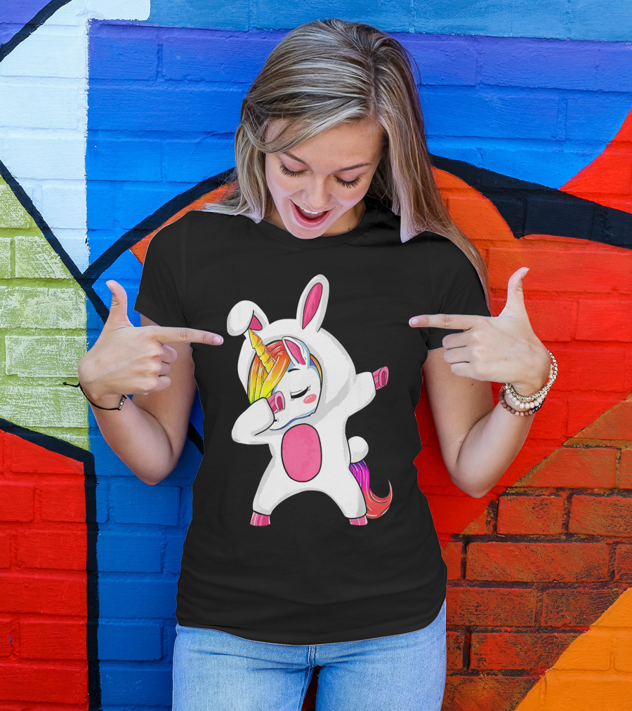 Girls Dabbing Easter Unicorn Rabbit T-Shirt