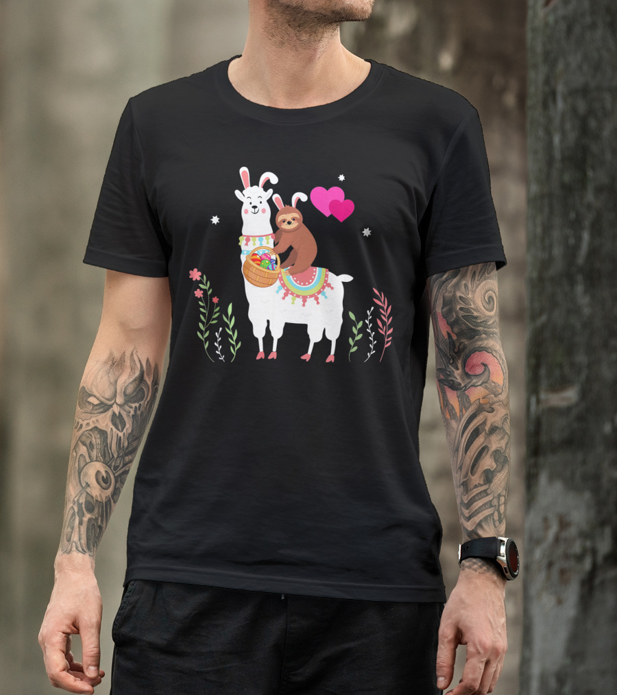 Sloth With Basket On Llama Wearing Easter Bunny Ears With Hearts And Flowers T-Shirt