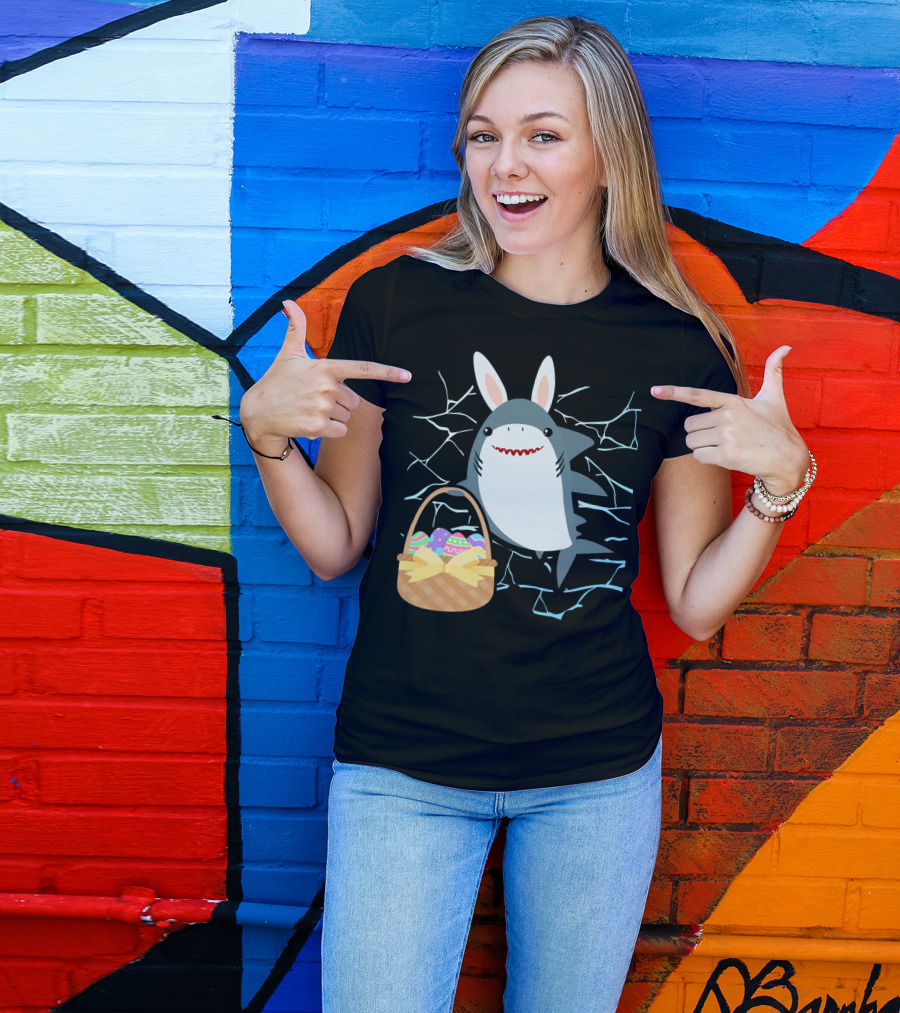 Easter Bunny Shark With Basket Of Eggs And Funny Expression T-Shirt