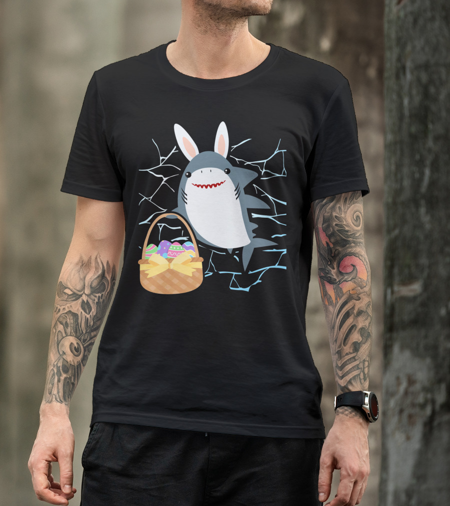 Easter Bunny Shark With Basket Of Eggs And Funny Expression T-Shirt