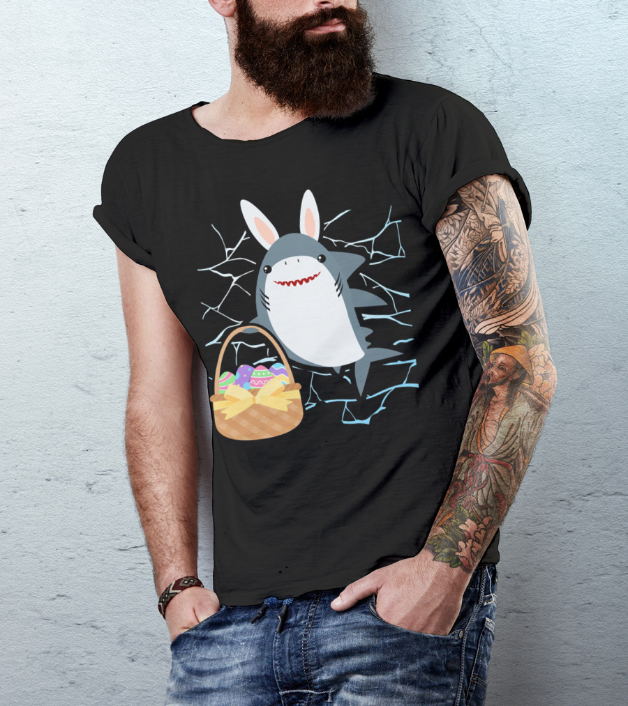 Easter Bunny Shark With Basket Of Eggs And Funny Expression T-Shirt