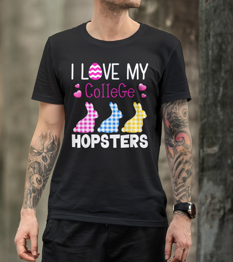 I Love My College Hopsters Easter Bunnies Plaid Hearts T-Shirt