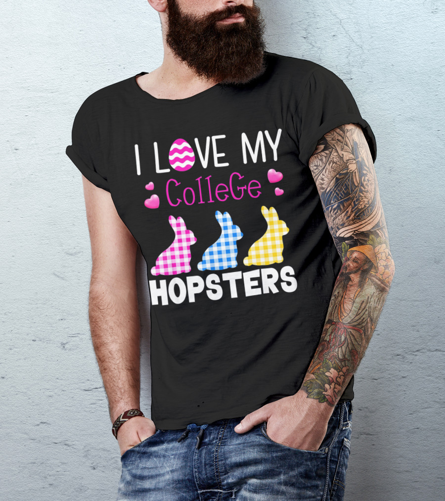I Love My College Hopsters Easter Bunnies Plaid Hearts T-Shirt