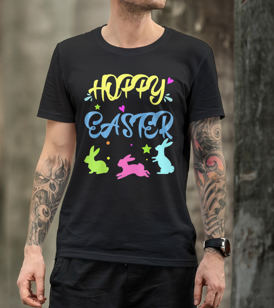 Hoppy Easter Novelty Orthodox Colorful Bunny Silhouettes With Hearts And Stars T-Shirt
