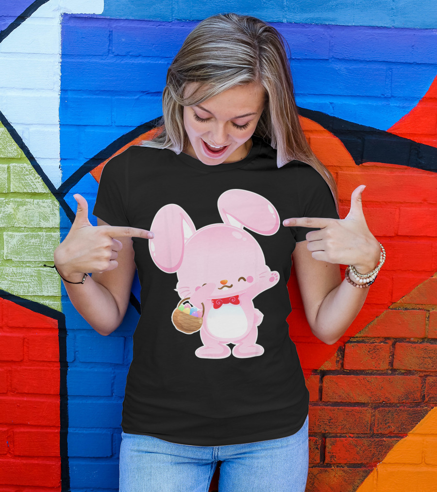 Dabbing Pink Easter Bunny With Egg Basket T-Shirt