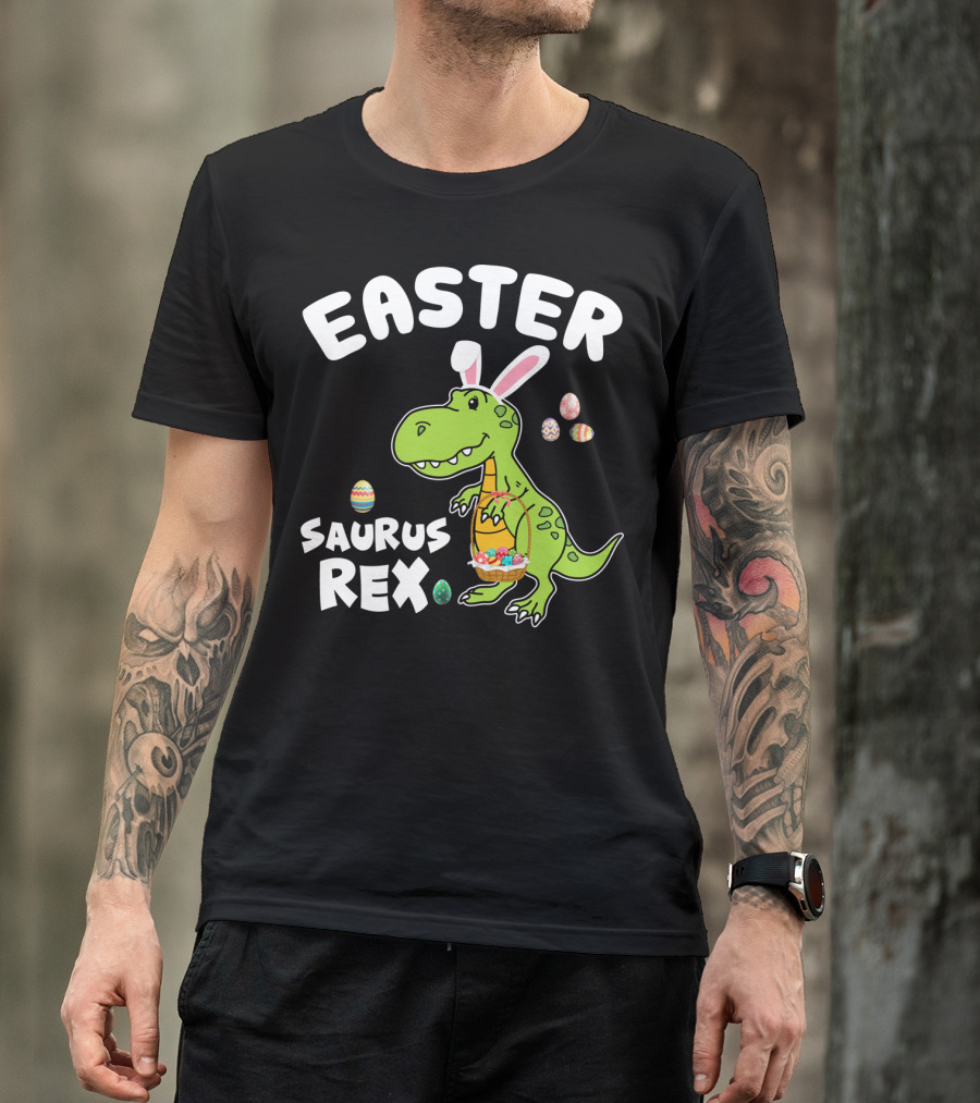 Easter Saurus Rex Dinosaur With Bunny Ears And Colorful Eggs T-Shirt