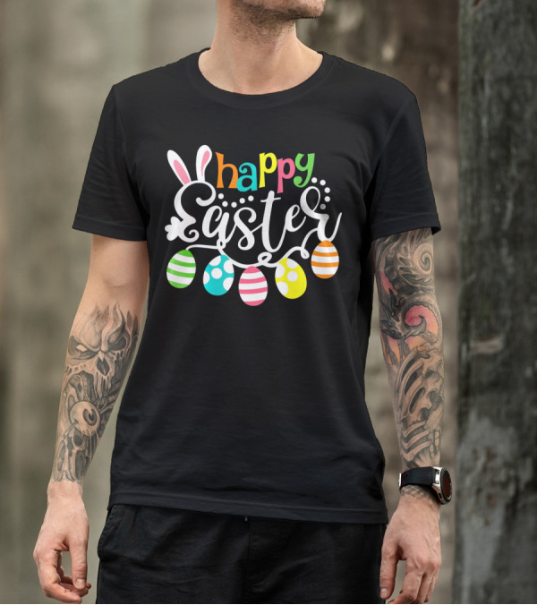 Happy Easter Cute Bunny And Colorful Easter Egg Garland T-Shirt