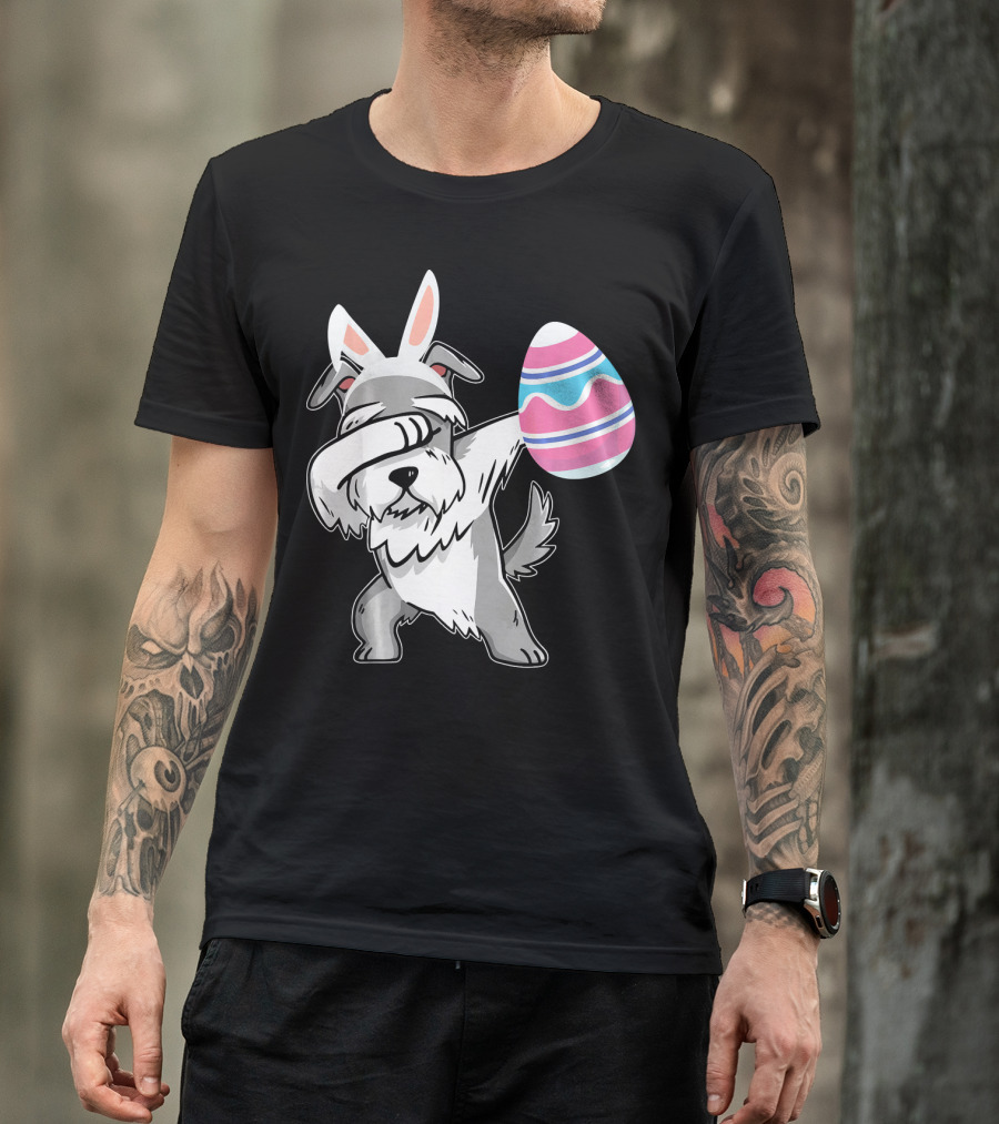 Easter Bunny Ears Schnauzer Dog Dabbing With Colorful Egg T-Shirt