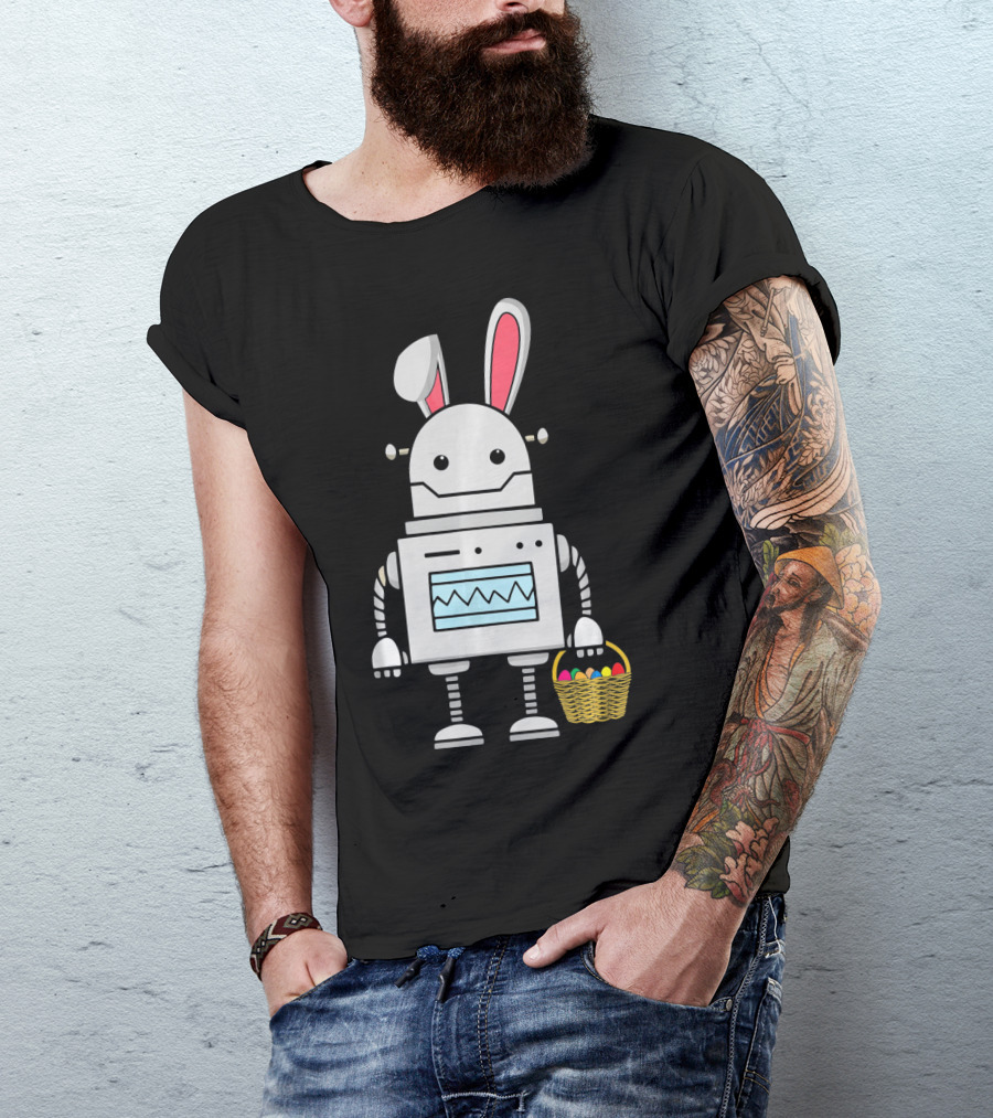 Cute Easter Robot Bunny With Basket Of Colorful Eggs T-Shirt