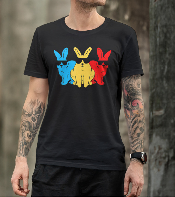 Hip Trio Bunnies Shades Funny Hipster Blue Yellow Red T-Shirt
