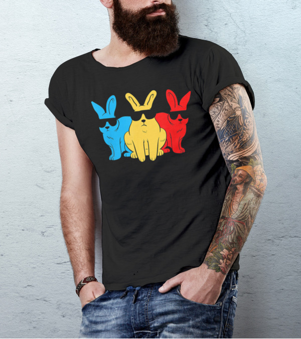 Hip Trio Bunnies Shades Funny Hipster Blue Yellow Red T-Shirt