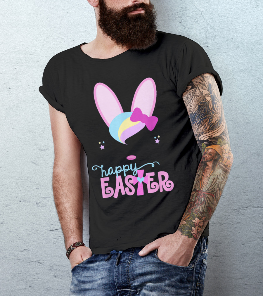 HAPPY EASTER Bunny Face Girls Bow Stars Colorful Ears T-Shirt