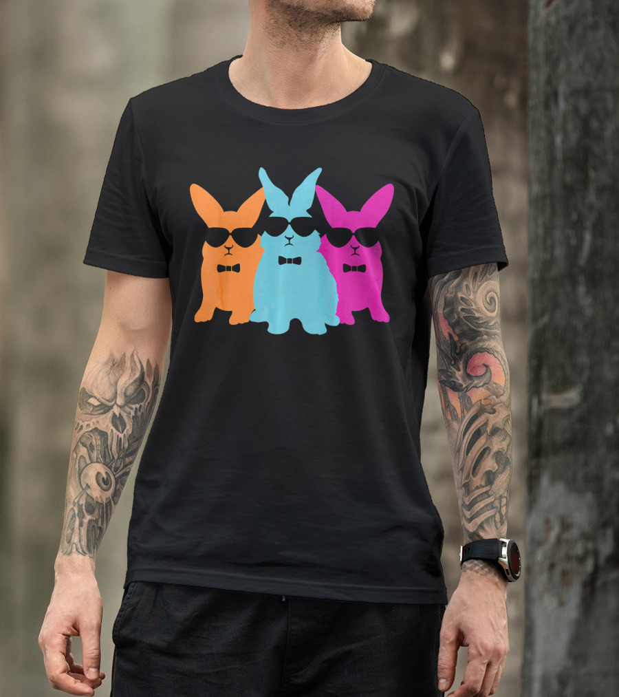 Hipster Easter Bunny Cool Rabbits Sunglasses Neon Trio Bow Ties T-Shirt