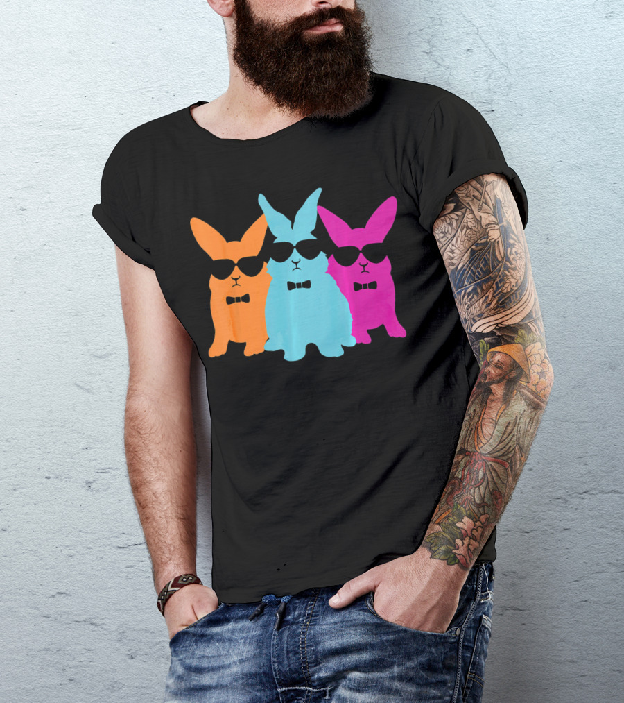 Hipster Easter Bunny Cool Rabbits Sunglasses Neon Trio Bow Ties T-Shirt