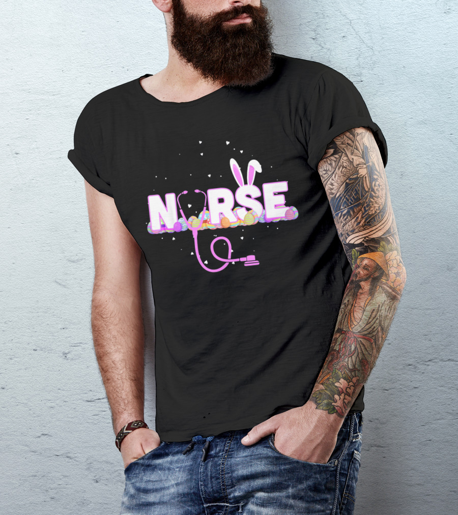 Nurse Easter Bunny Ears Colorful Eggs Stethoscope T-Shirt