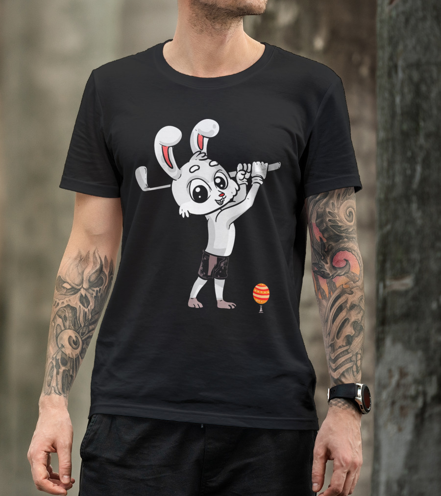 Funny Easter Bunny Playing Golf With Striped Egg T-Shirt