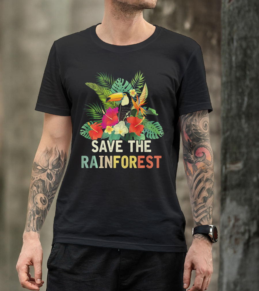 Save The Rainforest Colorful Toucan And Tropical Flowers T-Shirt