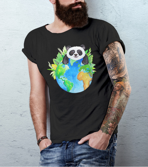 Cute Earth Panda Bear With Green Foliage T-Shirt