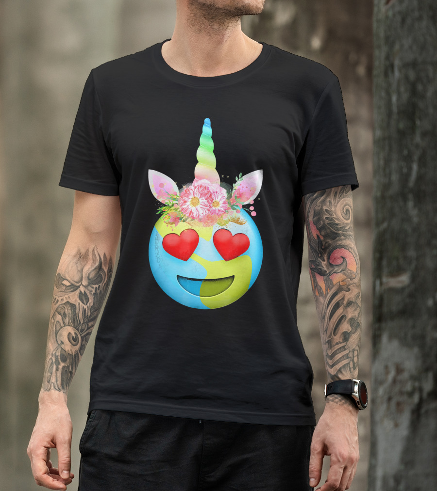 Heart Eyes Unicorn Earth Day Emoji Floral Mane T-Shirt
