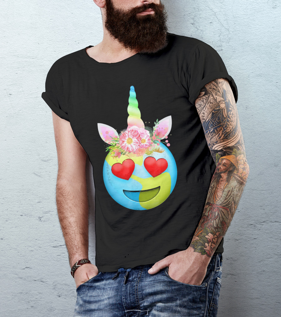 Heart Eyes Unicorn Earth Day Emoji Floral Mane T-Shirt